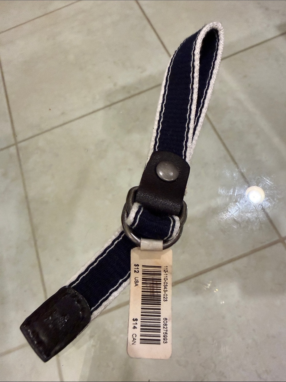 abercrombie kids Navy and White Webbing Belt with Brown Leather Accents